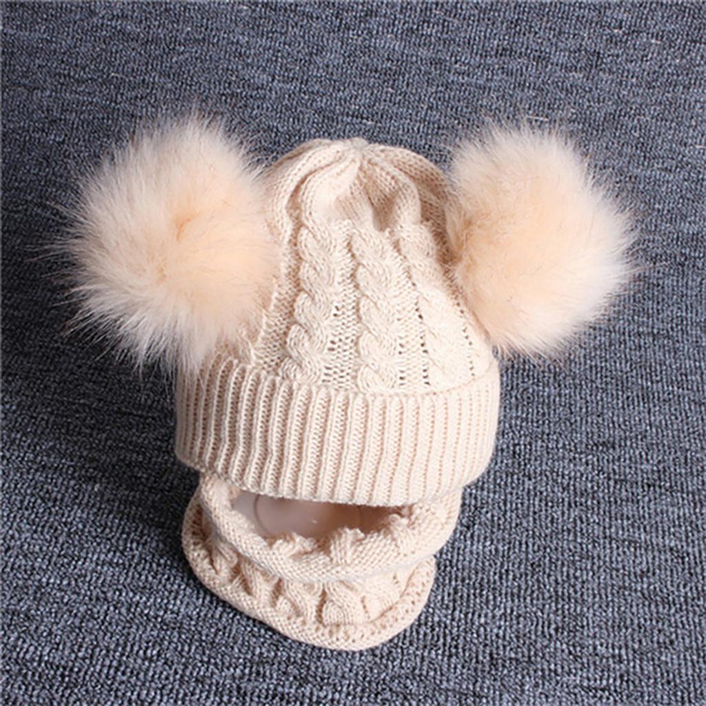 Children Beanie Pompom Neck Knitted Warm Hat Winter Scarf Set