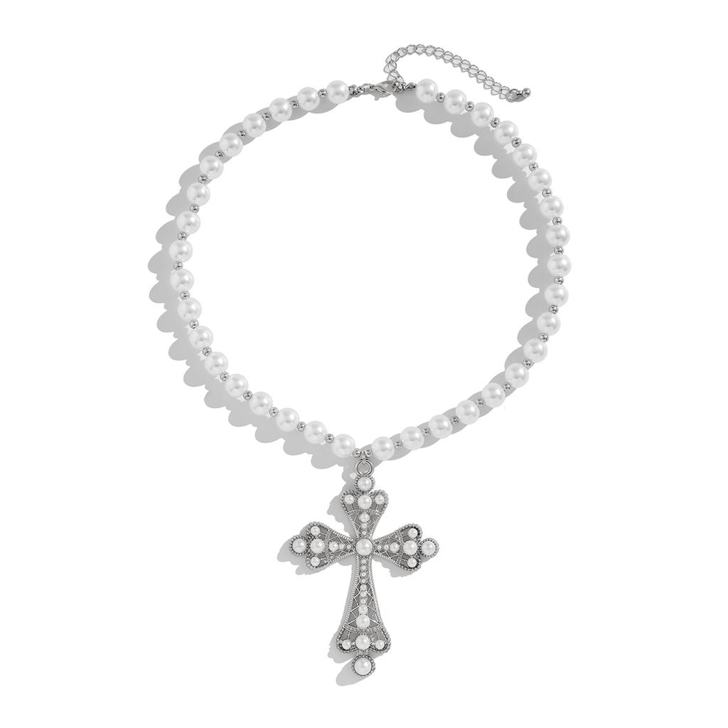 Ingemark Vintage Creative Big Imitation Pearl Jesus Cross Pendant Choker Necklace for Men Luxury Adjustable Chain Grunge Jewelry