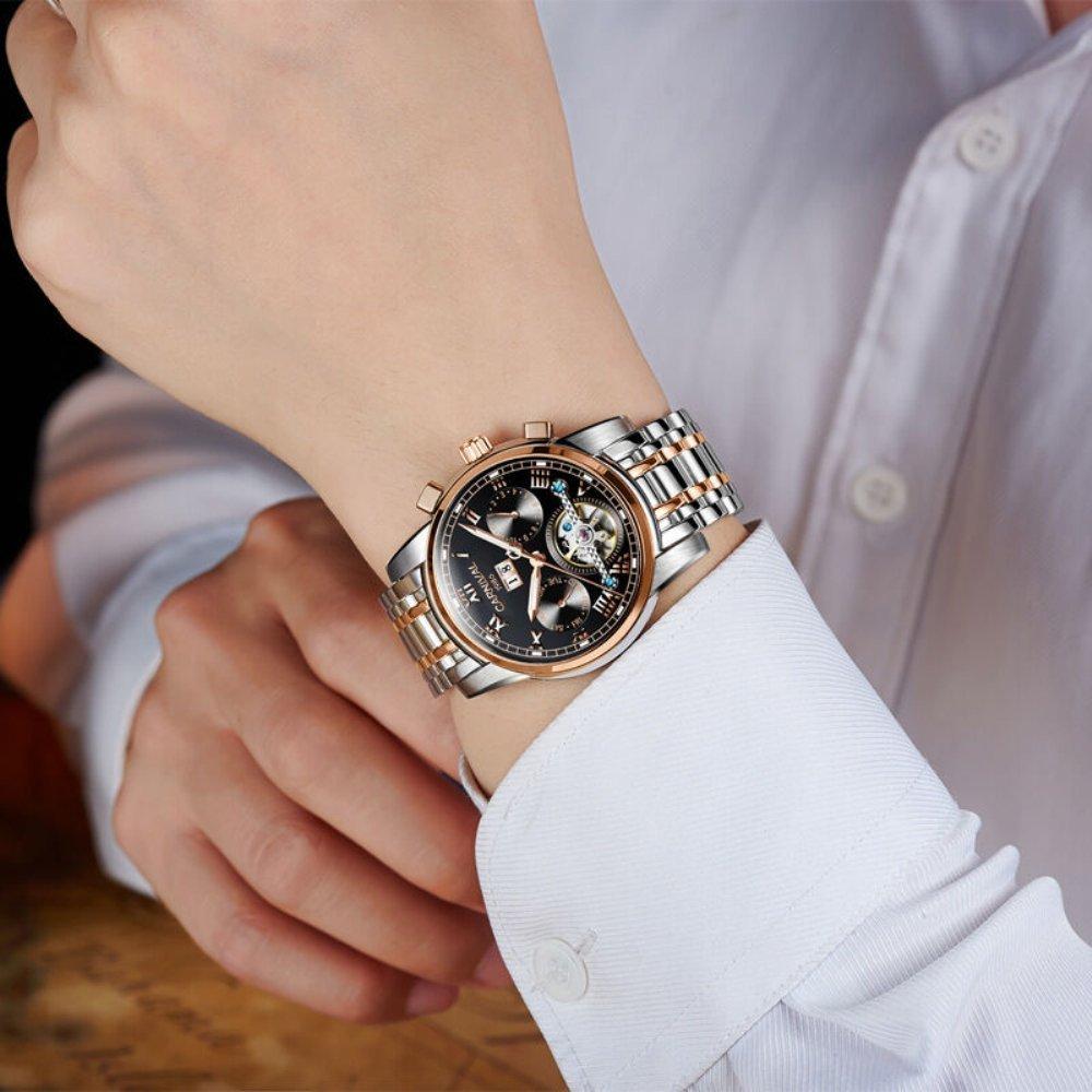 8759G Uhr Uhr Kalenderanzeige Dekoration [CARNIVAL] Herren [Analog/Mechanisch/Automatisch] (Schwarz/Roségold/Metall) (Datum) Chronographen-Stil