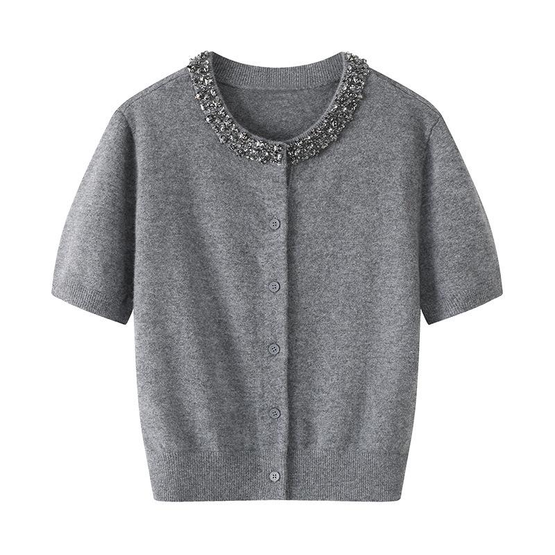 Design Sense Heavy Industry Nail Drilling Short Sleeve T-Shirt Summer New Soft Skin-friendly Skinny Bottom Shirt Knitted Sweater Top