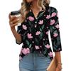 Women's Fashionable Casual Retro Floral V,Neck Decorative Button Three,Quarter Sleeve T,Shirt Top