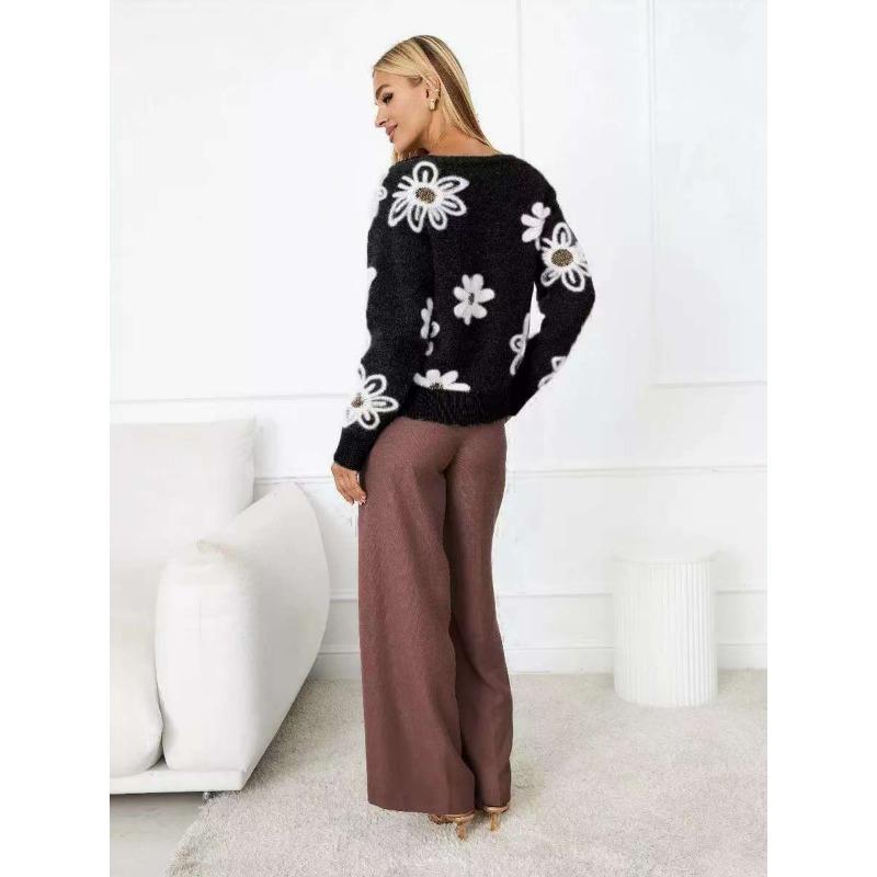 Damen Cropped Floral Jacquard V-Ausschnitt Dickstrick Cardigan Pullover Oberbekleidung
