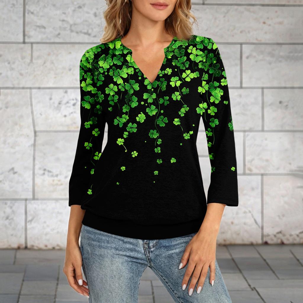 Women's 3/4 Sleeve Top With Cuffed Hem, V-Neck, Summer Casual -Shirt, St. Patrick's Day Printed Top