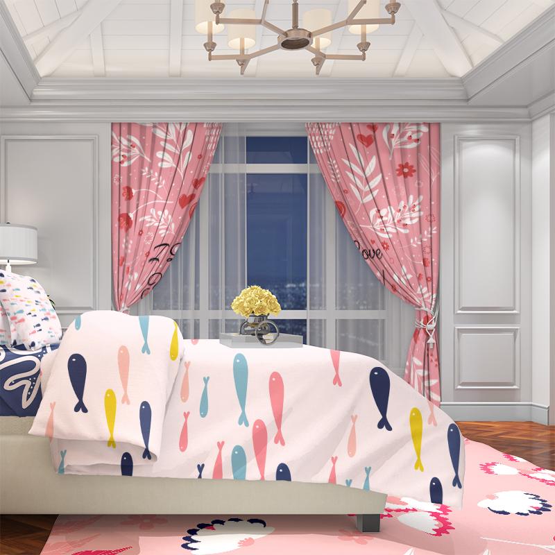 2PCS- Pink Letters - Printed Curtain - Polyester Material - Suitable for Bedrooms, Living Rooms, Study Rooms, Private Spaces