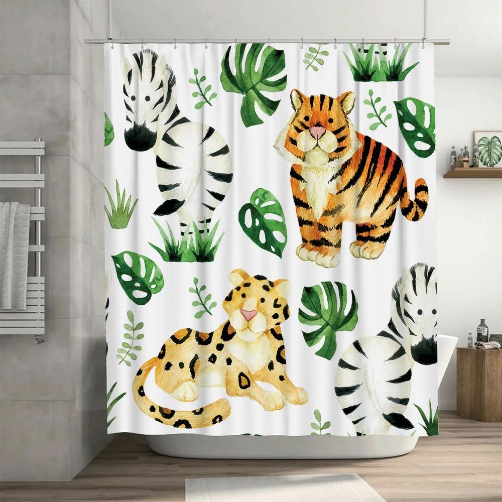 Wildlife Animal Print Shower Curtain with Green Leaves Black White Zebra Design for Bathroom Decor