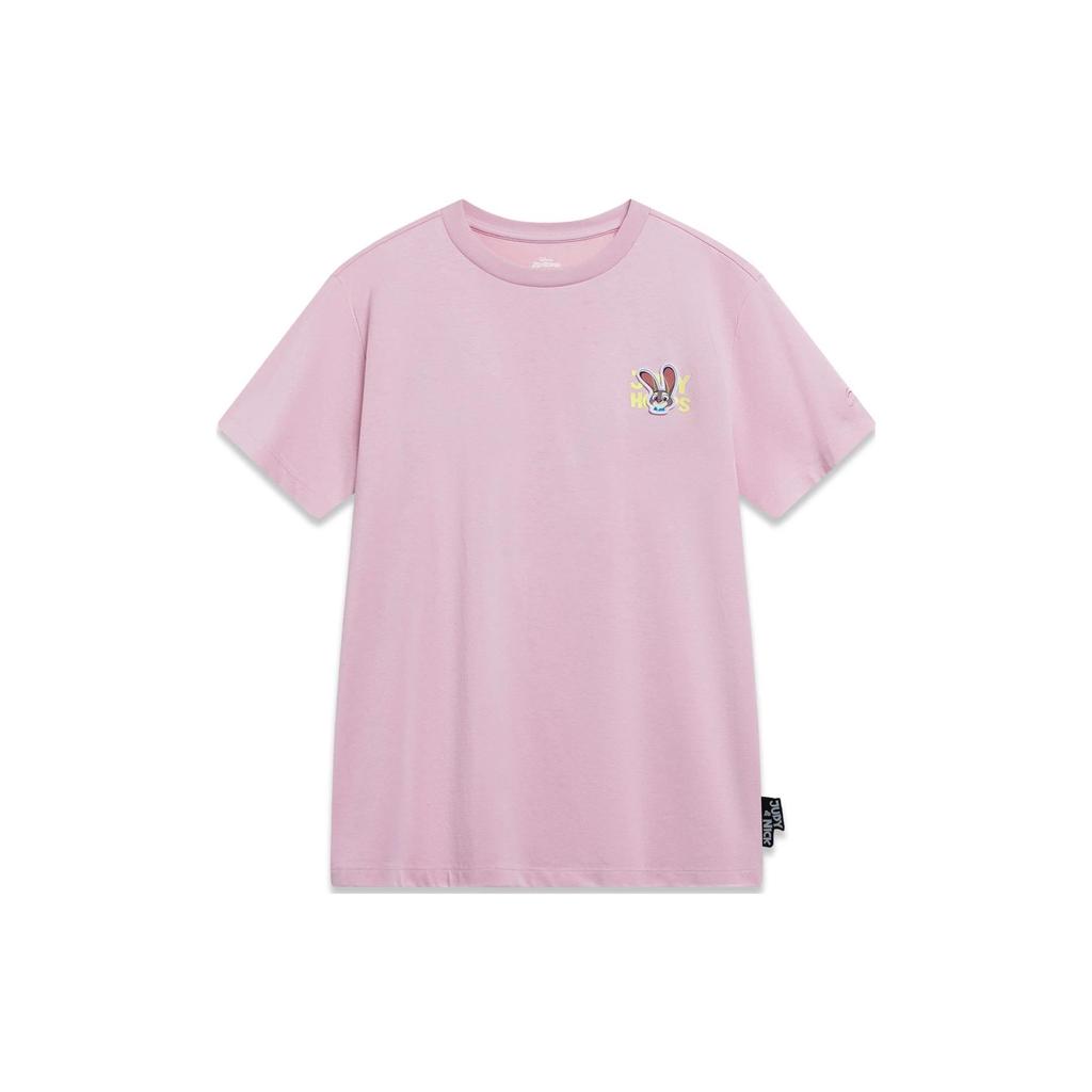Li Ning X Disney Collaboration Crazy Animal Series Cartoon Pattern Round Neck Short Sleeve T-Shirt Women Tops Soft-Pink AHST272-2