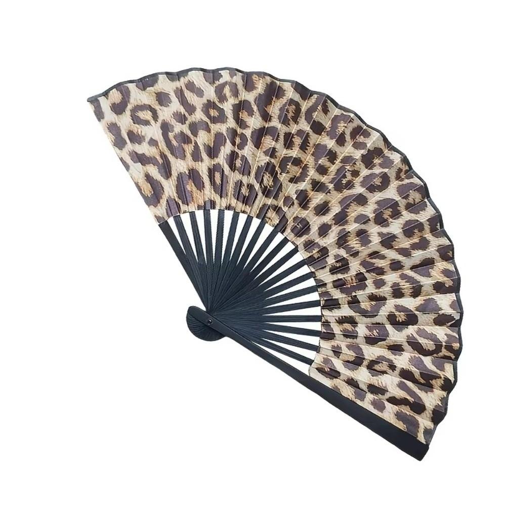 Fashion Leopard Print Folding Fan Large Elegant Classical Dance Fan Lightweight with Black Frame Silk Fan Women Party Gifts