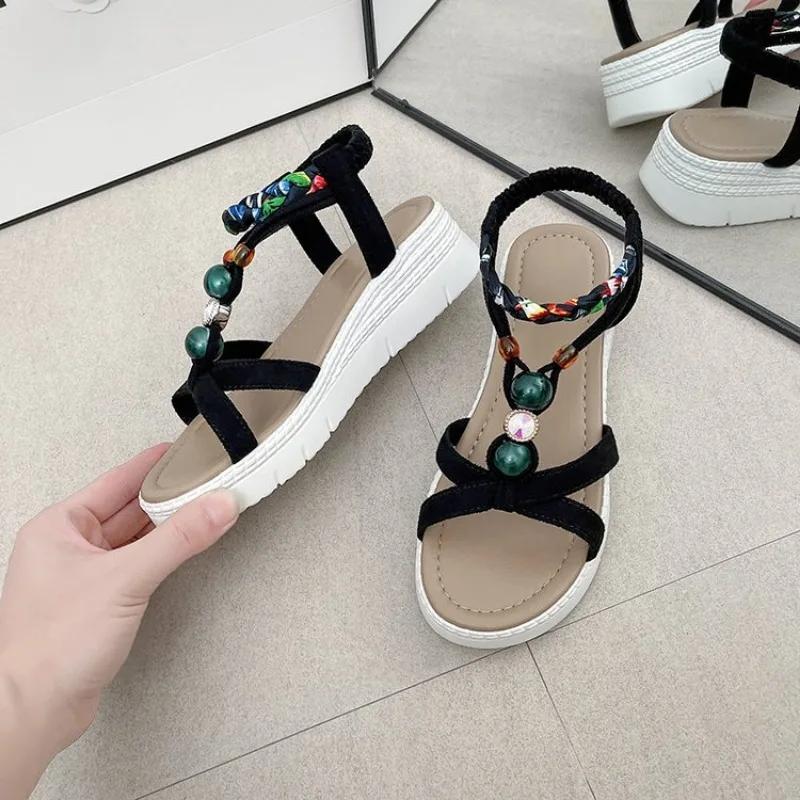 

Fashion 2025 New Summer Sandals Bohemia Beach Flat Casual Sandals Leisure Female Slip On Sandalias 36 чёрный