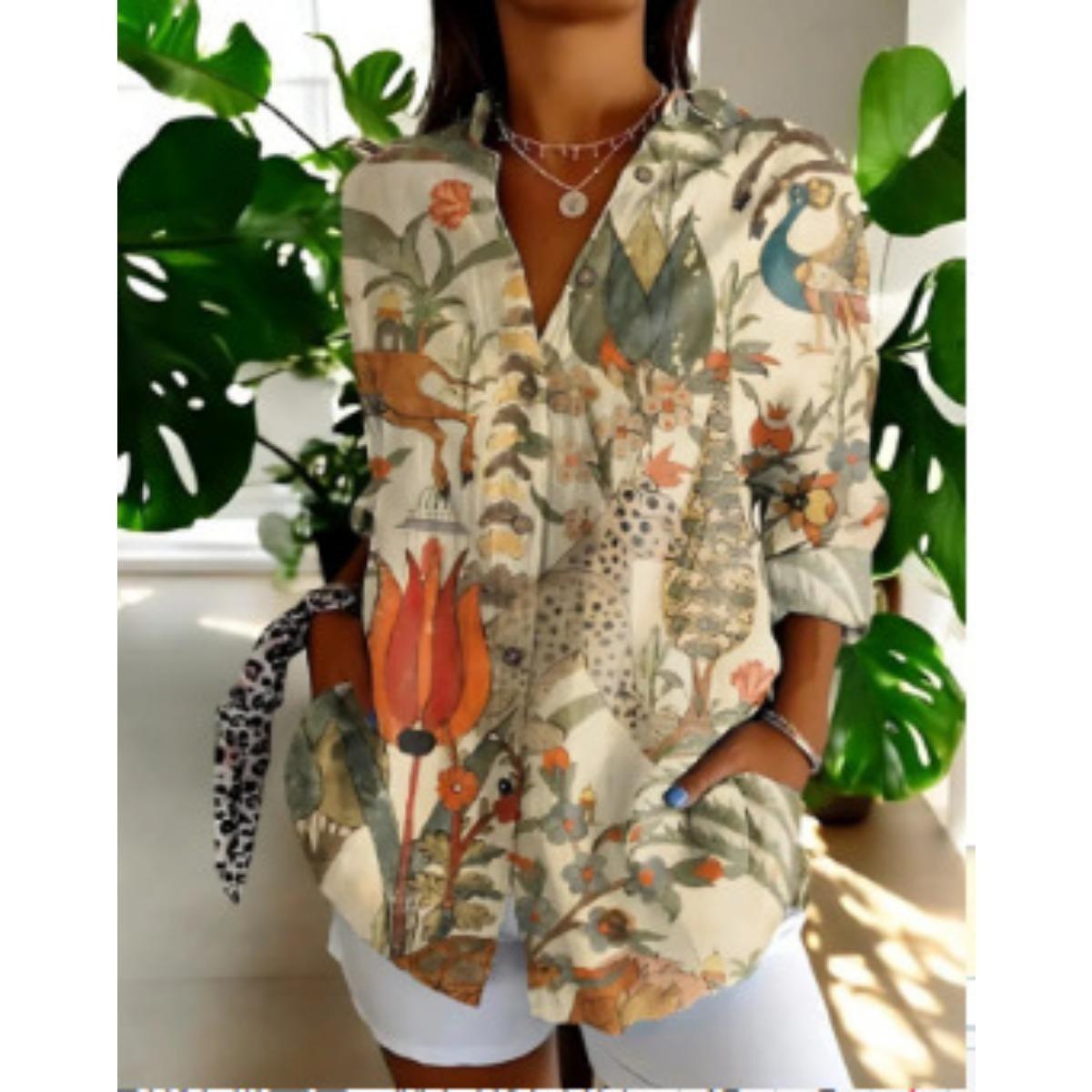 

Жіноча, Повсякденна, З довгим рукавом, Сорочка на ґудзиках, Квітковий принт, Можна прати в машині, Повсякденний, Вільний крій 5XL