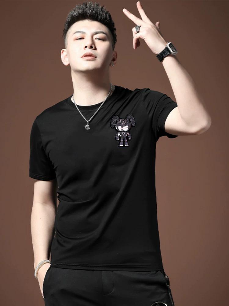 European Station 2025 Summer New Trendy High-End Rabbit Short-Sleeve T-Shirt for Men, Half-Sleeve Heat-Printed Thin Base Shirt