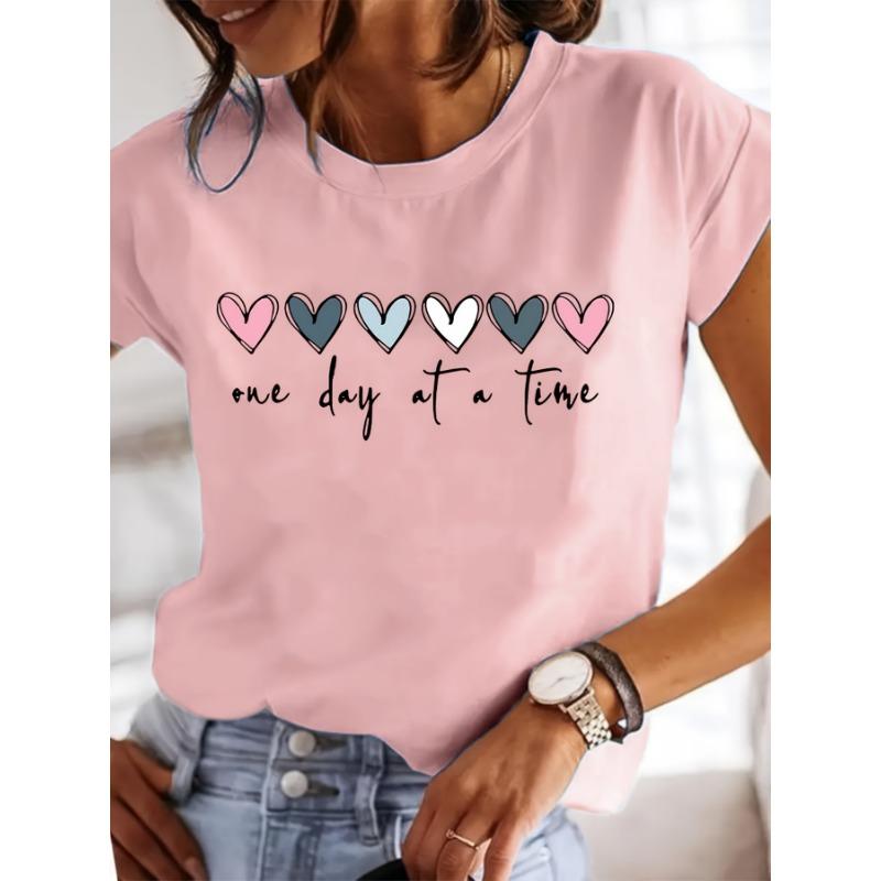 Women'S Casual Graphic T-Shirt - It'S One Day at a Time Heart Print, Short Sleeve Round Neck Top for Spring & Summer
