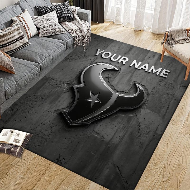 Custom Name,Houston Texans Home Sofa Decoration for Living Room & Bedroom, Non‑Slip Play Flannel Floor Mat for Game Room