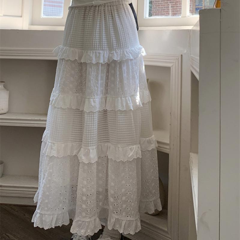 Vysoce kvalitní bílé roztomilé sukně pro ženy letní s vysokým pasem áčková sukně dlouhá sukně háčkovaný květ