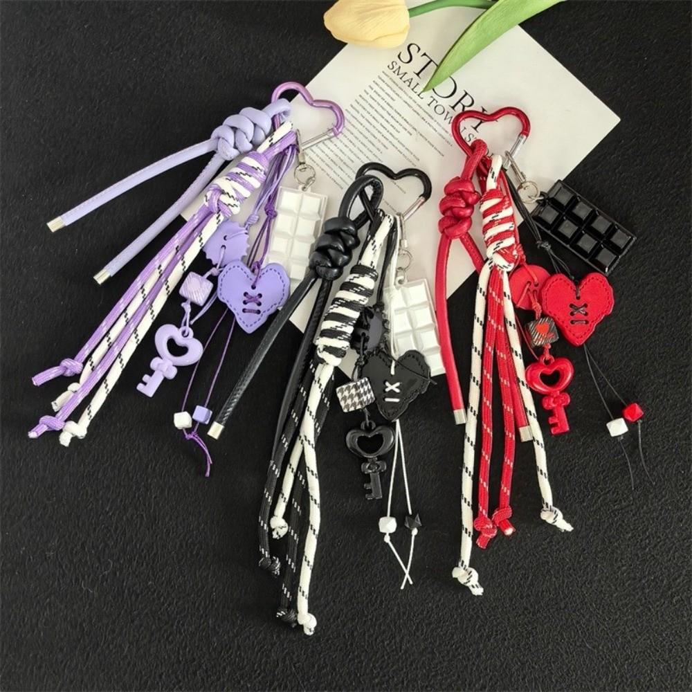 Y2k Acrylic Heart Keychain Hand-Woven Anti-Lost Braided Rope Key Chain Heart-shaped Macaron Color Bag Pendant Girls Gift