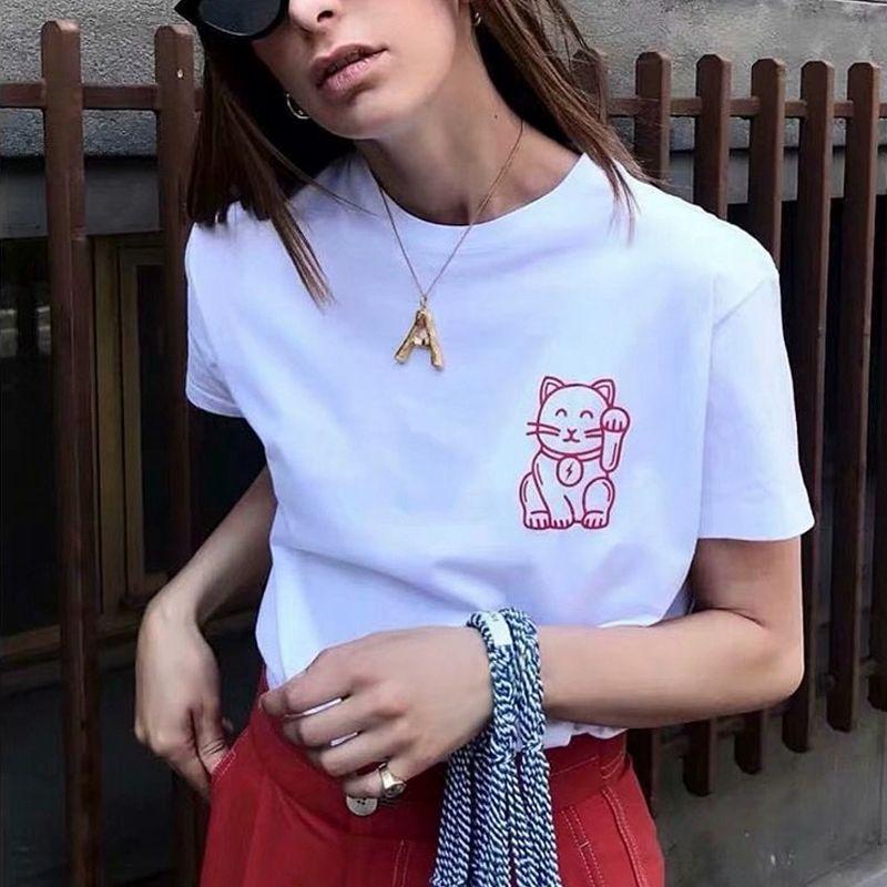 American Retro Niche Style Lucky Cat Letters Print Casual Pure Cotton Shoulder Short Sleeve T-shirt for Women