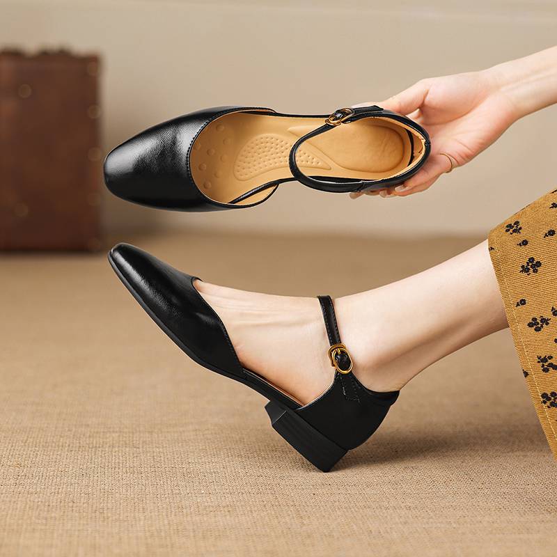 Krazing Pot Cow Skin Round Toe Low Heels Summer Shoes Big Size 42 Ankle Straps Women Pumps