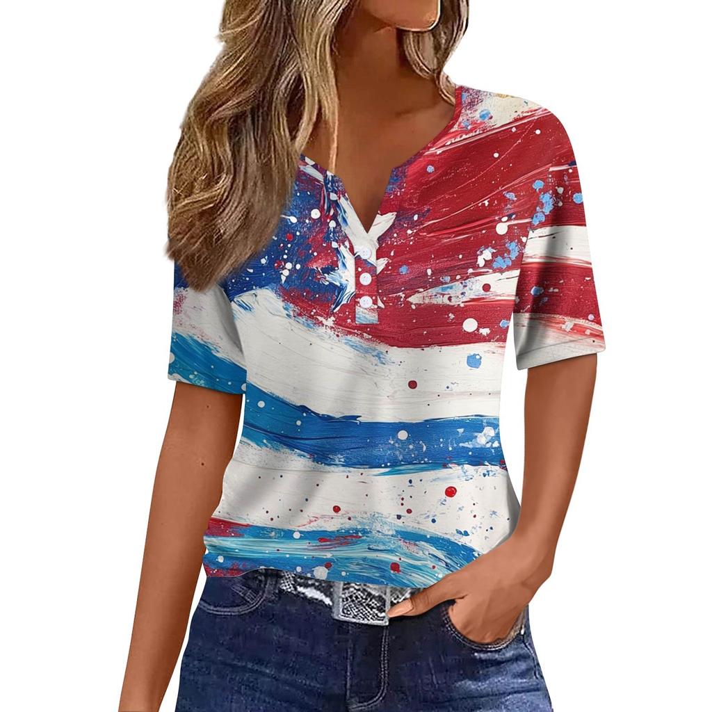 Women's Fashion Casual Independence Day Printed V-Neck Short Sleeve Button Top