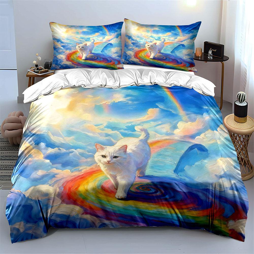 Rainbow Cat Artwork Decor Set Soft Comfortable Duvet Cover Bedding Set Included 1*Duvet Cover & 2*Pillowcases, Gift