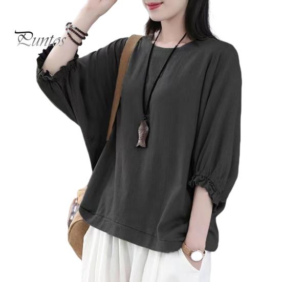 

Женская летняя повседневная футболка с круглым вырезом 3/4 с рукавами «летучая мышь» и рюшами на манжетах, пуловер, топы, однотонный свободный крой, летняя блузка, уличная одежда L чёрный