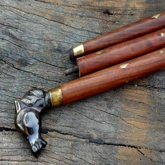 Antique Brass Horse Handle Wooden Vintage Style Walking Stick Cane Designer Gift