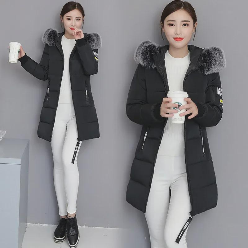 Women's Medium to Long Slim Fit Cotton Coat with Large Fur Collar