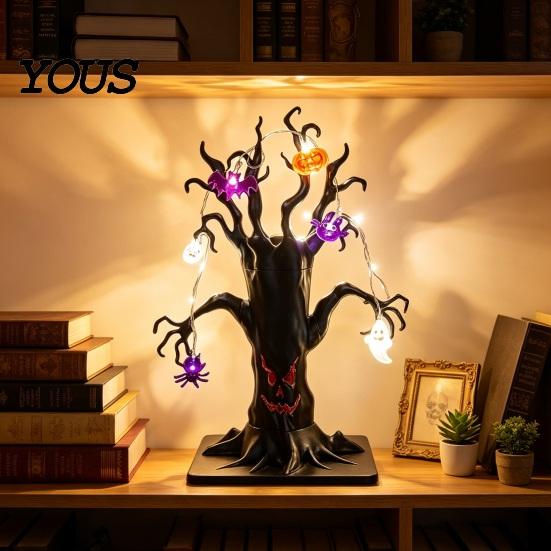 Portable Halloween Night Light Lighted Spooky Dead Tree Tabletop Decor, Ghost Face Haunted Resin Ornaments with Pumpkins Pumpkin Spider LED