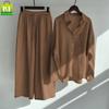Women's Retro Plus Size Cotton Linen Shirt and High Waist Wide Leg Pants Two-Piece Set 2025