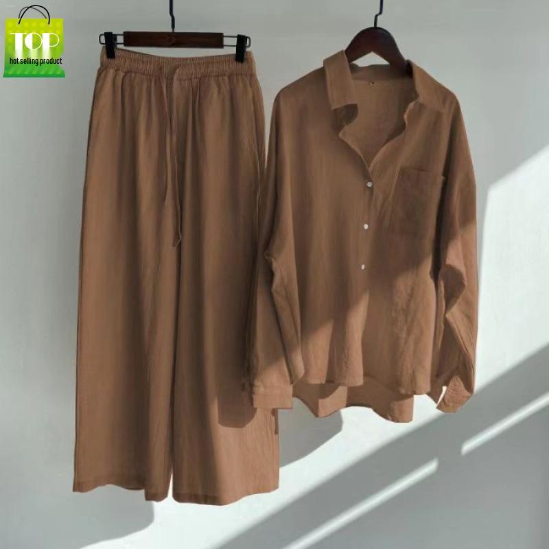 Women's Retro Plus Size Cotton Linen Shirt and High Waist Wide Leg Pants Two-Piece Set 2025