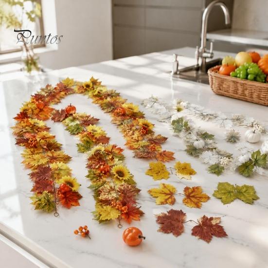 Holiday Gifts for Family Artificial Fall Maple Leaf Wreath, Autumn Vine with Pine Cones Pumpkins, Reusable Realistic Orange Red Leaves Hanging
