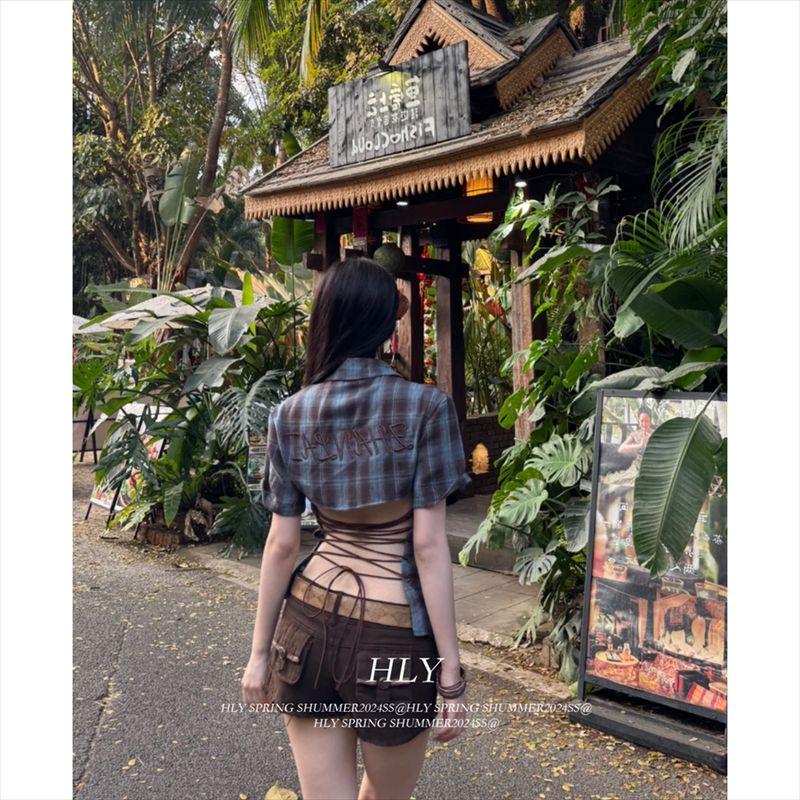 

Sexy Retro Gingham Lace-up Open Back Shirt Women s Spring Stylish Niche Shirt Silm Slimming Short Top Backless Shirt Top XL