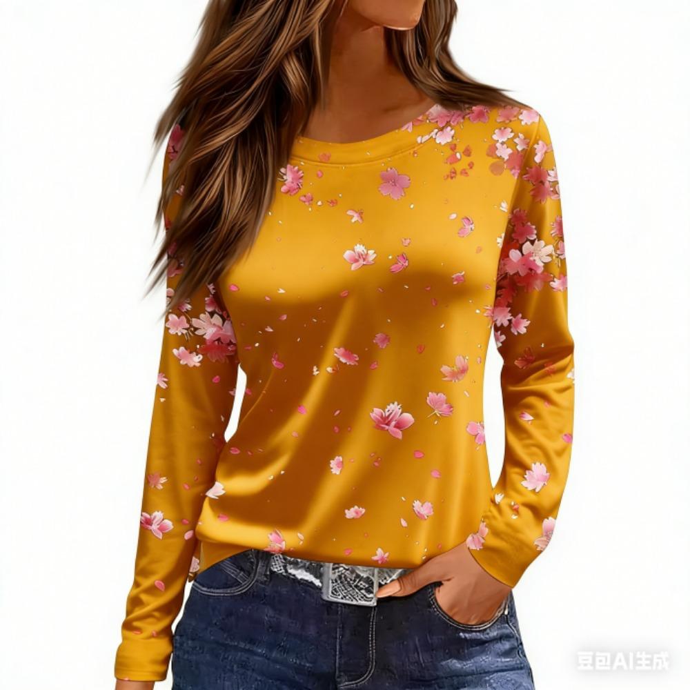 Spring Floral Print Women's T-shirt Casual Round Neck Retro Elegant Long Sleeves Women's Fashion Pullover Long Sleeve T-shirt Top