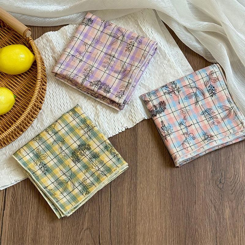 Silk Scarf Neck Small Square Scarf New Fresh Yellow-green Pink-purple Plaid Scarf Headscarf Summer Pastoral Headband Tied Hair Streamer