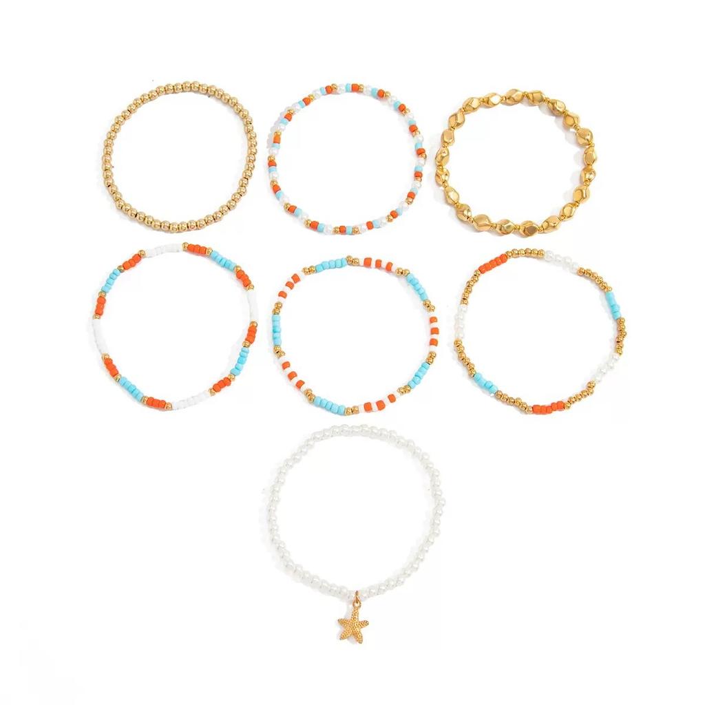 European and American Bracelets, Bohemian Starfish Pendant Bracelets, Dopamine Rice Beads Stacked Suit Jewelry Women