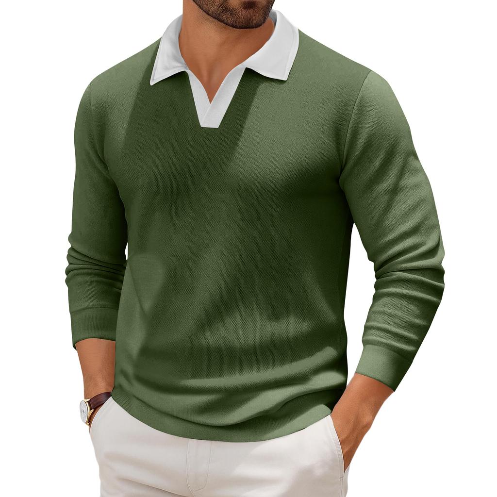 Men's Casual Color-Block Collared Long-Sleeve Knit Base Layer Top