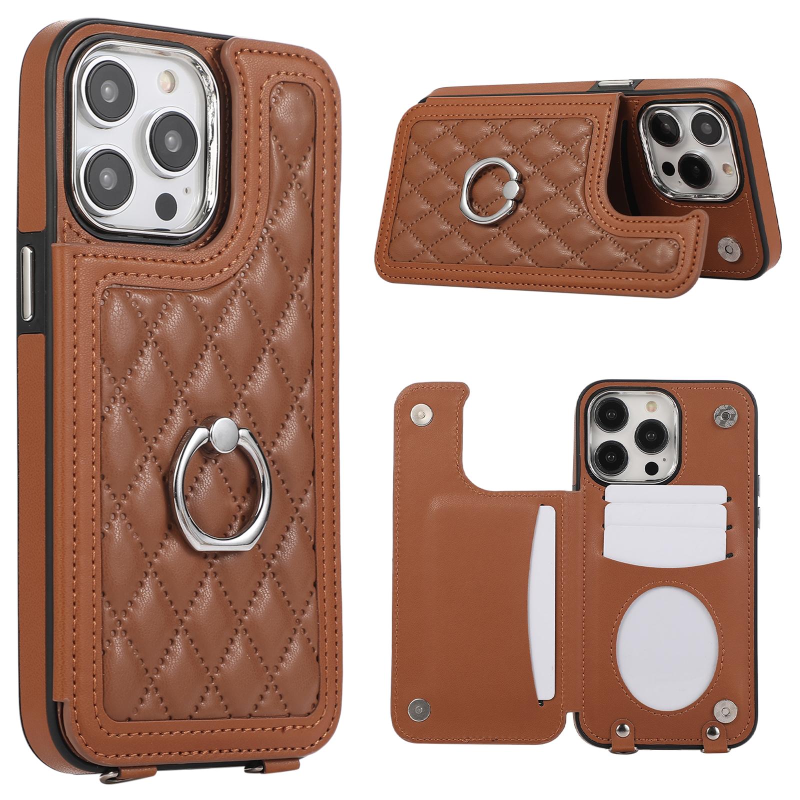 

For iPhone 16 Pro Max Case Anti-Drop TPU+PU Leather Phone Cover with Ring Kickstand and Shoulder Strap Brown
