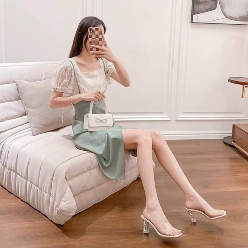 One-word slippers women's summer wear new sexy square head thick heel high heels temperament transparent crystal sandals