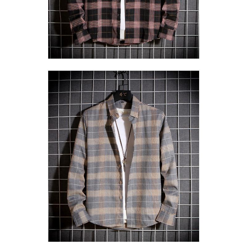 Men Fashion Plaid Long Sleeve Loose Casual Stand Collar Shirt