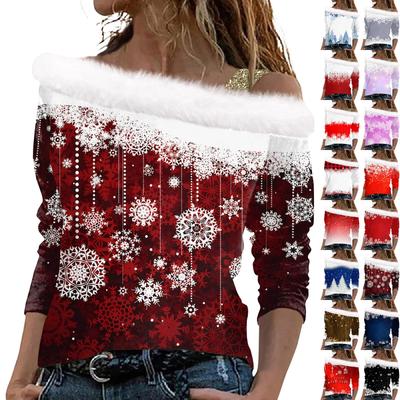 Lässiges, langärmeliges, lässiges Oberteil aus Plüsch mit Weihnachtsdruck für Damen