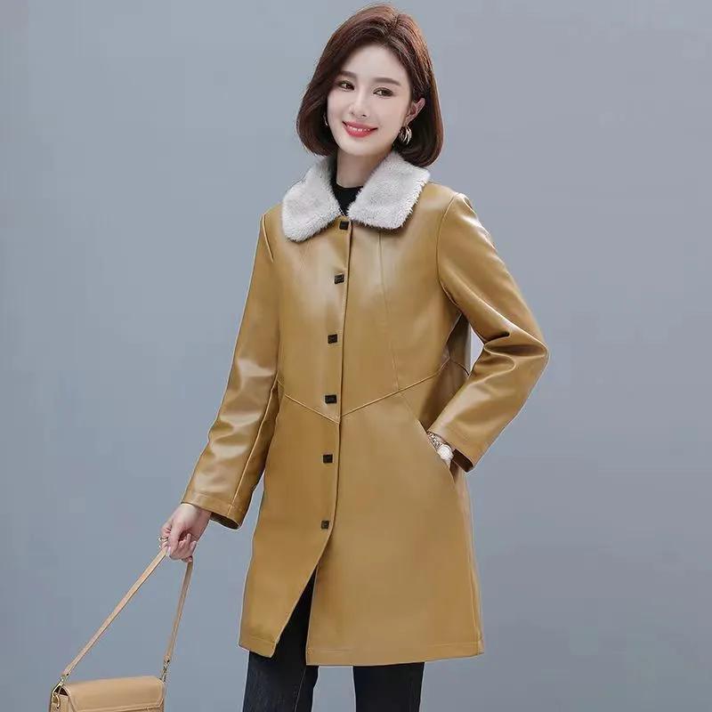 Haining Podzimní a zimní Plus Bavlna Zimní Hrubá Kožená Bunda PU Westernový Styl Střední délky Volný Dámský Větrovka