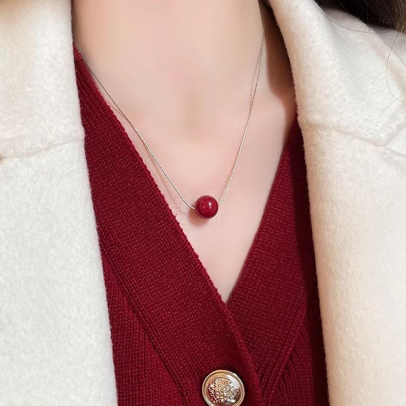 Fashionable Red Bead Double Layered Collarbone Chain Rotating Bead Pendant For Women s Party Zircon Necklace