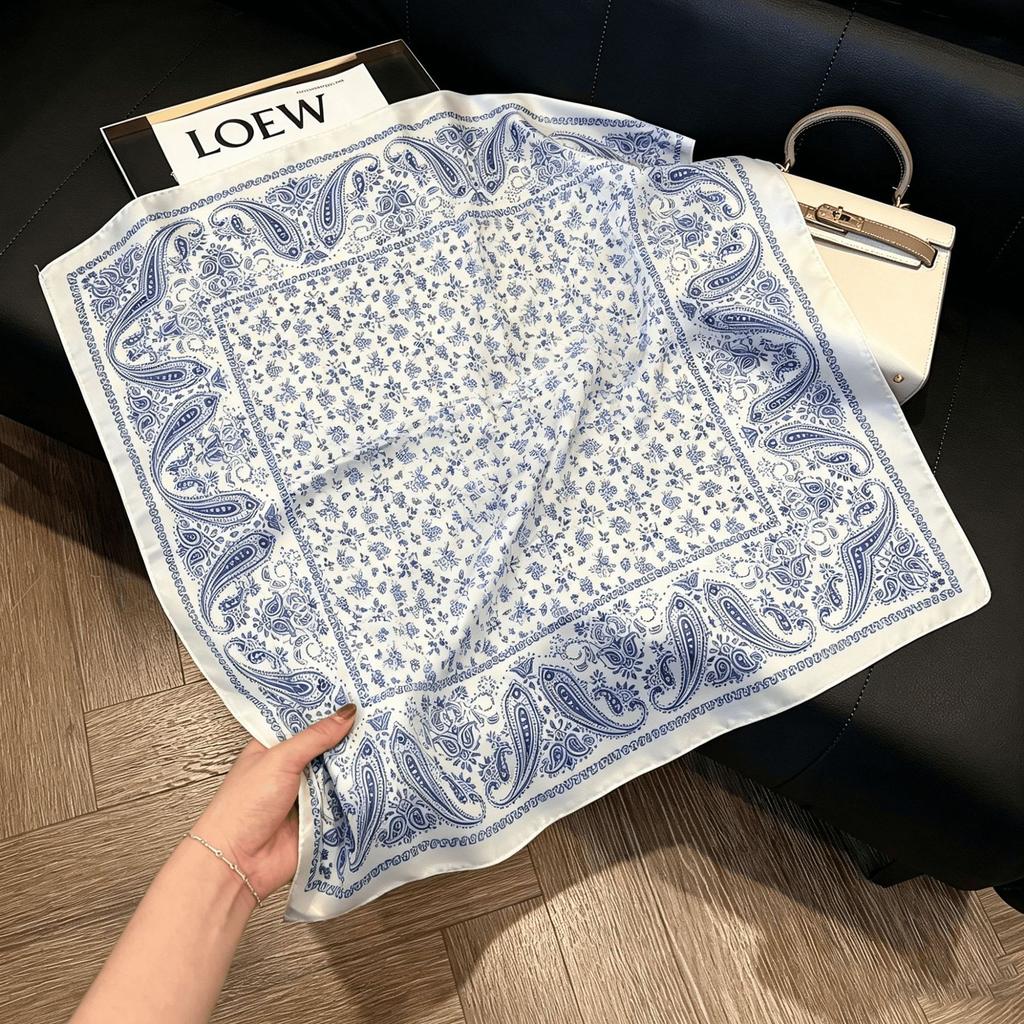 Lao Qian Feng Coffee Color Cashew Nut Silk Scarf Headscarf Versatile Neck Square Scarf Premium Sense Female Foreign Style Decorative Scarf Scarf