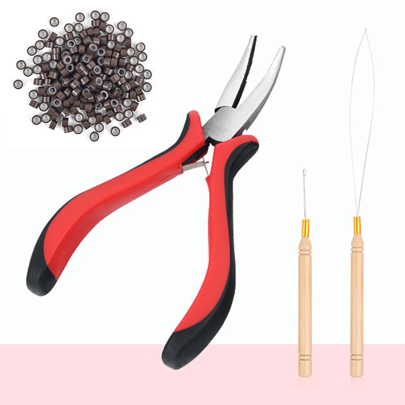 Kit de extensii de păr Cârlig de tragere și clește pentru extensie de păr și 200 buc inele de 5 mm