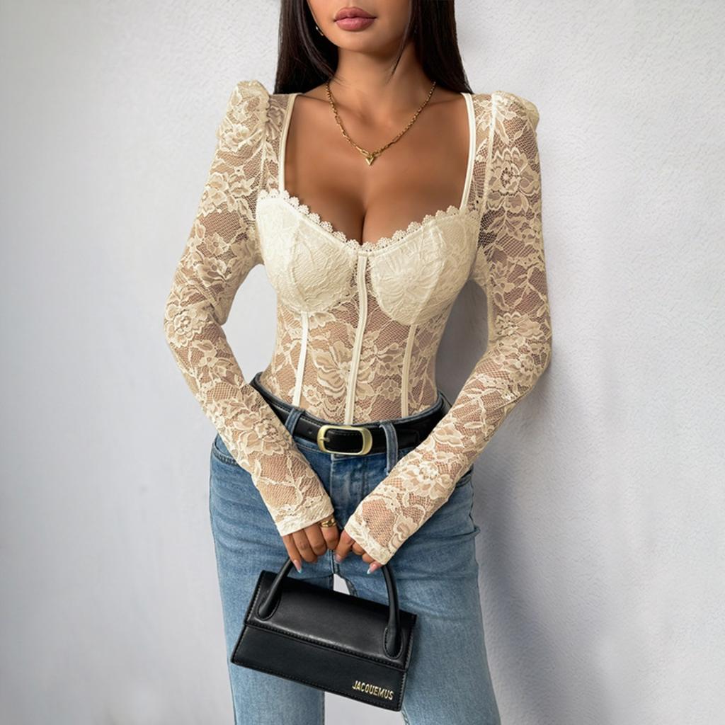 New Elegant Sexy Lace Trim Square Neck Tight Bodysuit Women's Fashion European American Style