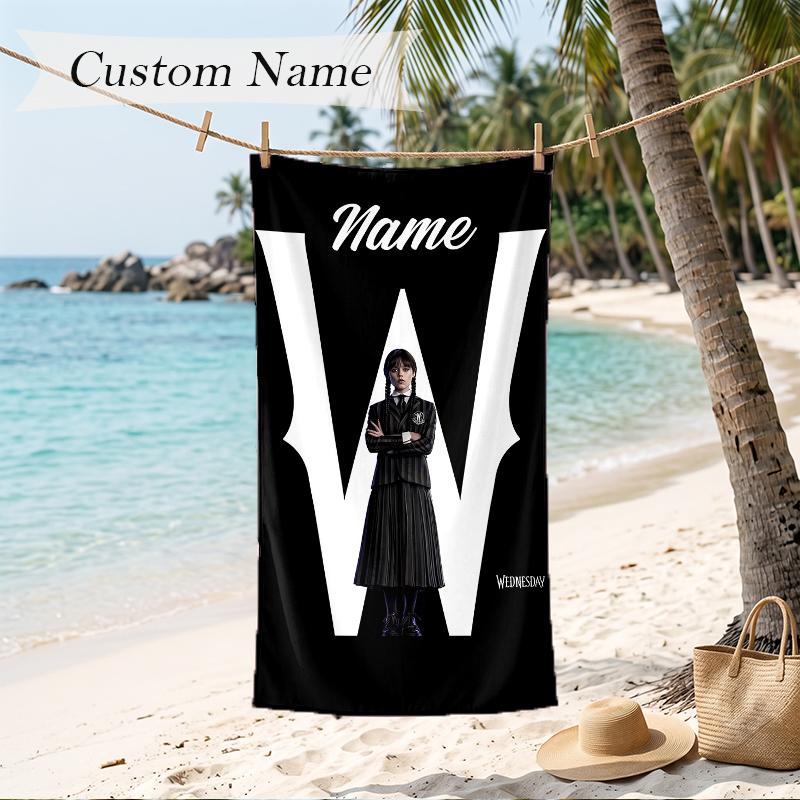 Wednesday Custom Name Printed Beach Towel Personalized Soft Towel For Swimming Beach Travel