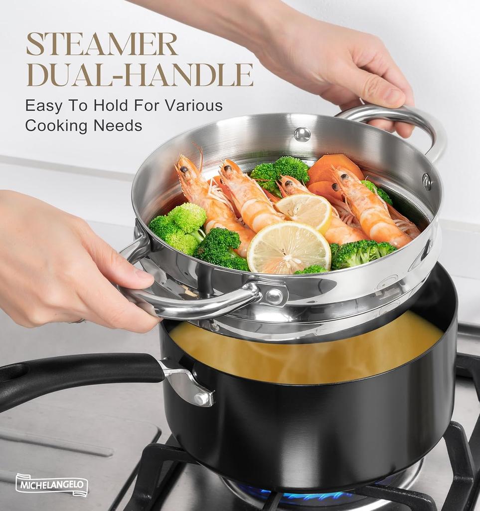 MICHELANGELO Non-stick Pan with Lid Ceramic Cookware Set with Steamer,Easy-to-clean Pots Multi-purpose Cooking Pot with Steamer