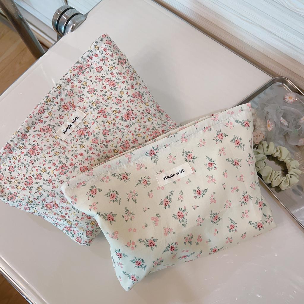 Fresh and Simple Floral Cotton Cloth Small Square Bag Cosmetic Bag Pure Cotton Zipper Liner Bag Clutch Bag