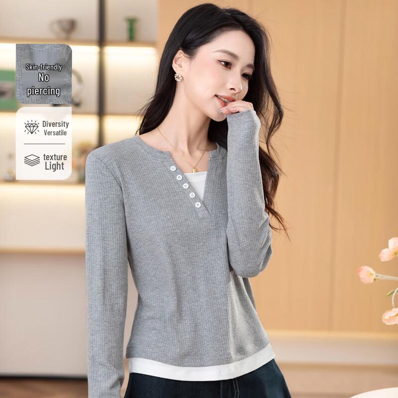 Demana Women s Fake Two-Piece Long Sleeve V-Neck T-Shirt M