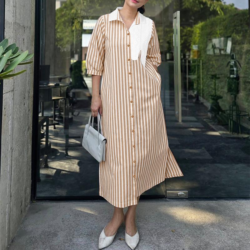 ZANZEA Women Casual Turn Down Collar Loose 3/4 Sleeve Stripe Dress