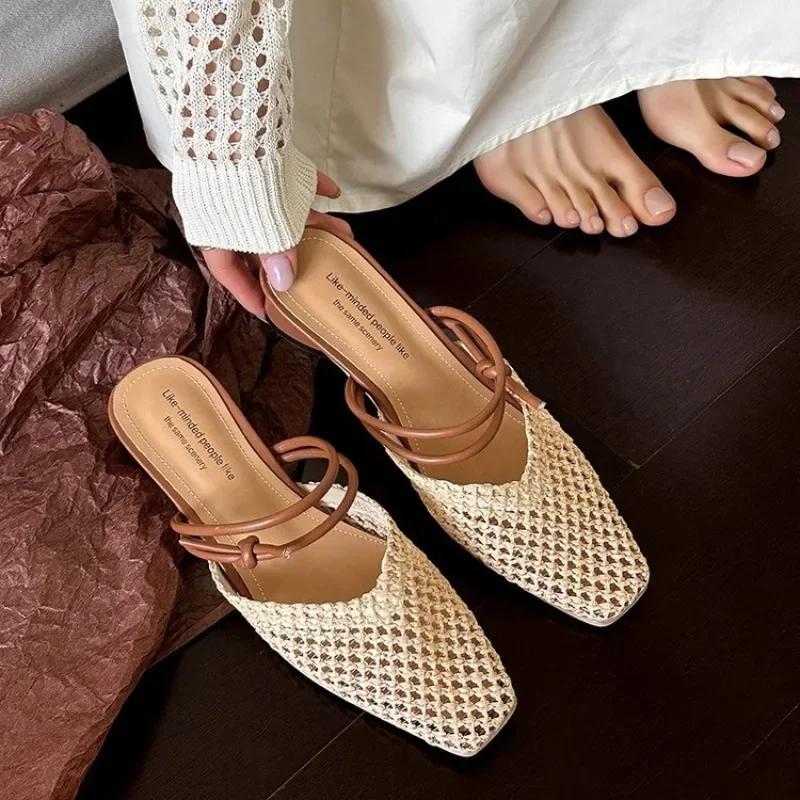 Fashion Vintage Woven 1 Slip-on Toe Half Slippers Women's New Outwear French Fairy Style Thick Heel Holiday Shoes