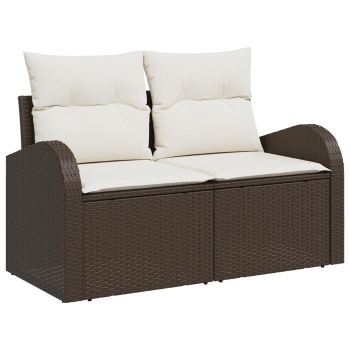 Canapé de jardin 7 pièces avec coussins marron poly rattan, Canapé de jardin 2 places avec rangement et coussins marron poly 3357301
